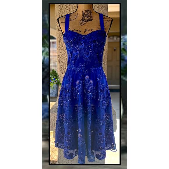 Dress the Population Sequins Electric Blue Adelina Fit & Flare Dress Size Small - Picture 2 of 10